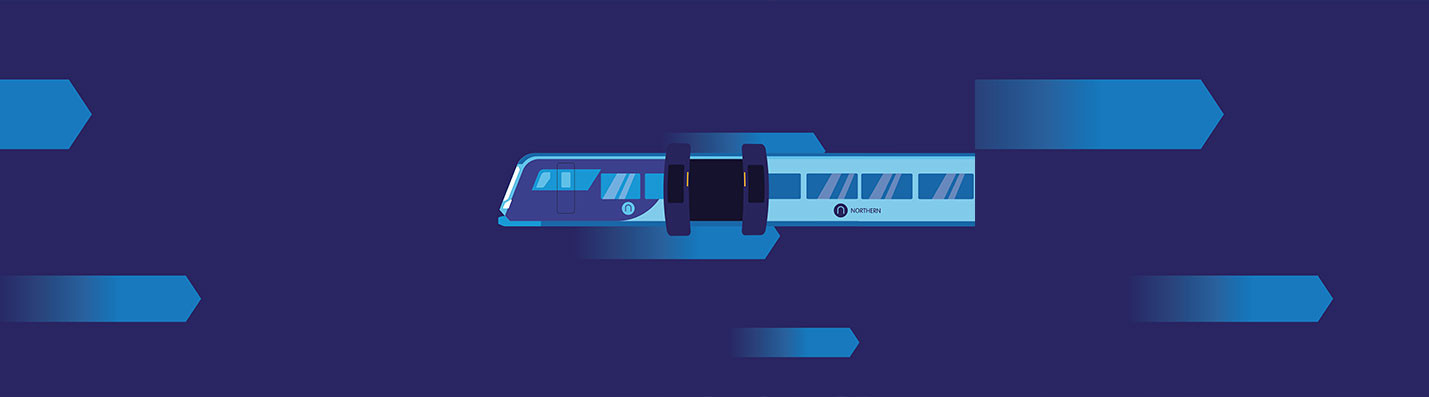 An illustration of a blue-toned Northern train on a dark blue background.